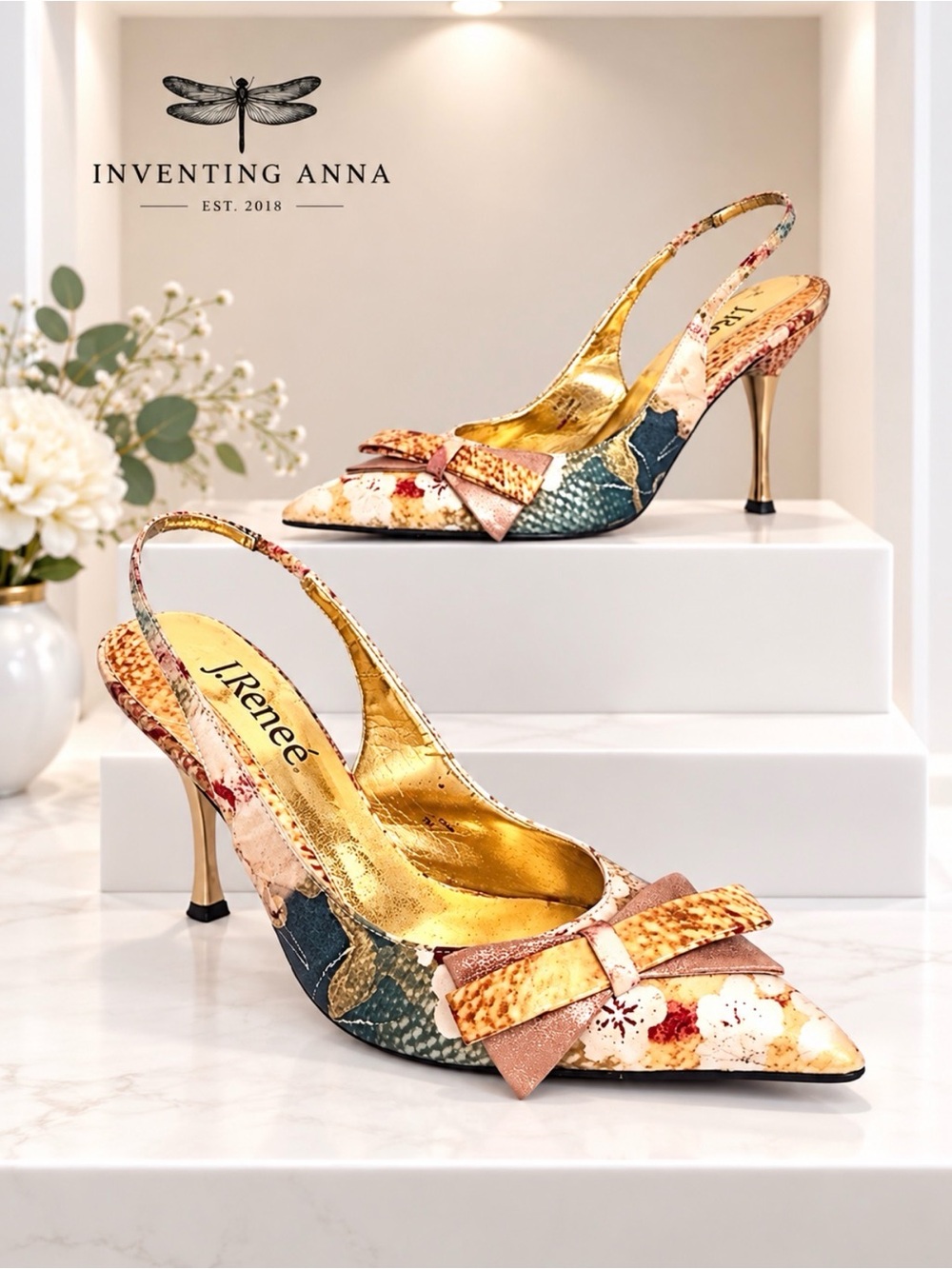 J.Renee Multicolor Bow Pointed Toe Slingback Heels Size 7